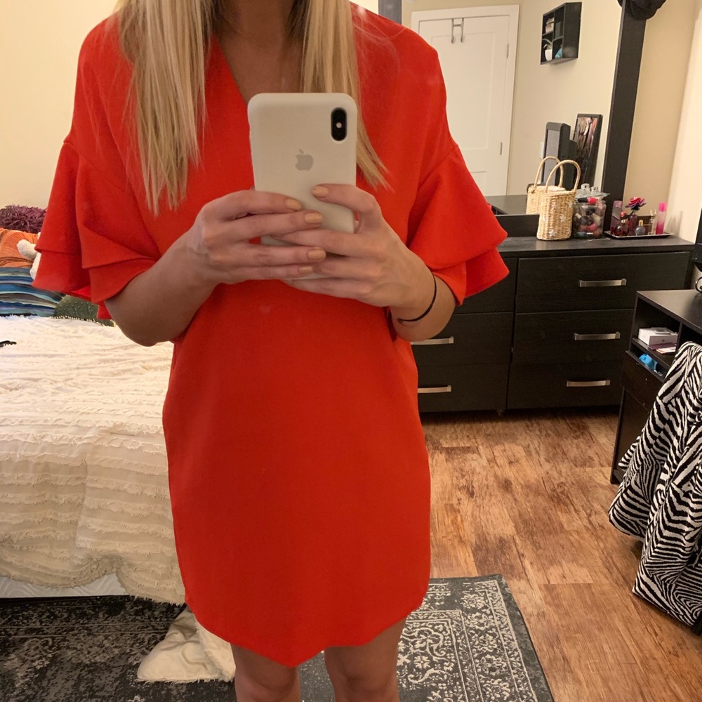 Red Shift Dress with Ruffle Sleeve Detail